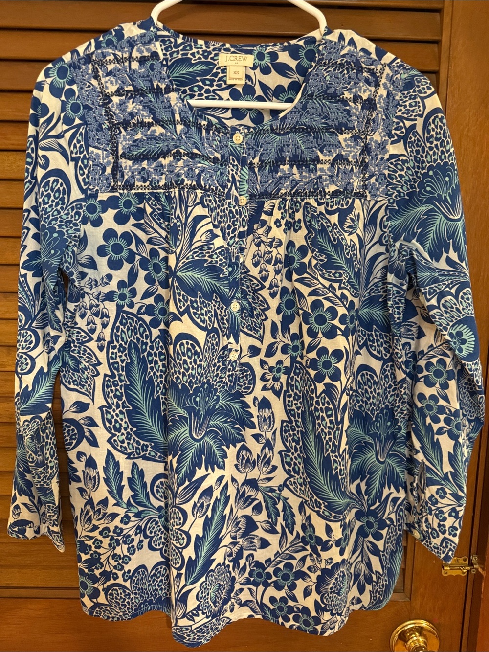 J. Crew Blue and White Floral Embroidered Yoke Tunic Blouse